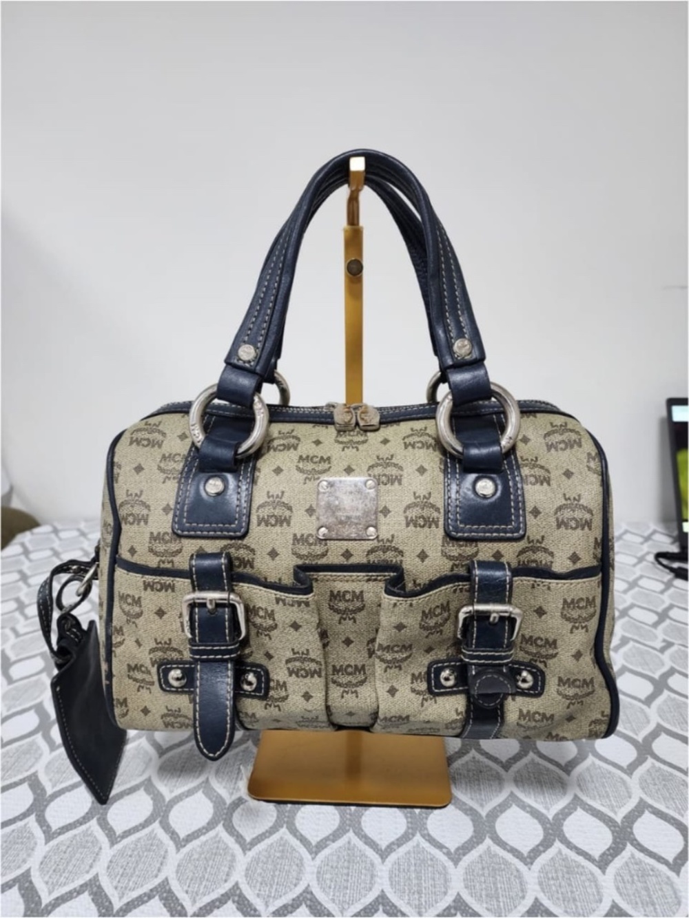 Authentic MCM PVC Leather Pocket Shoulder Bag Black/Grey